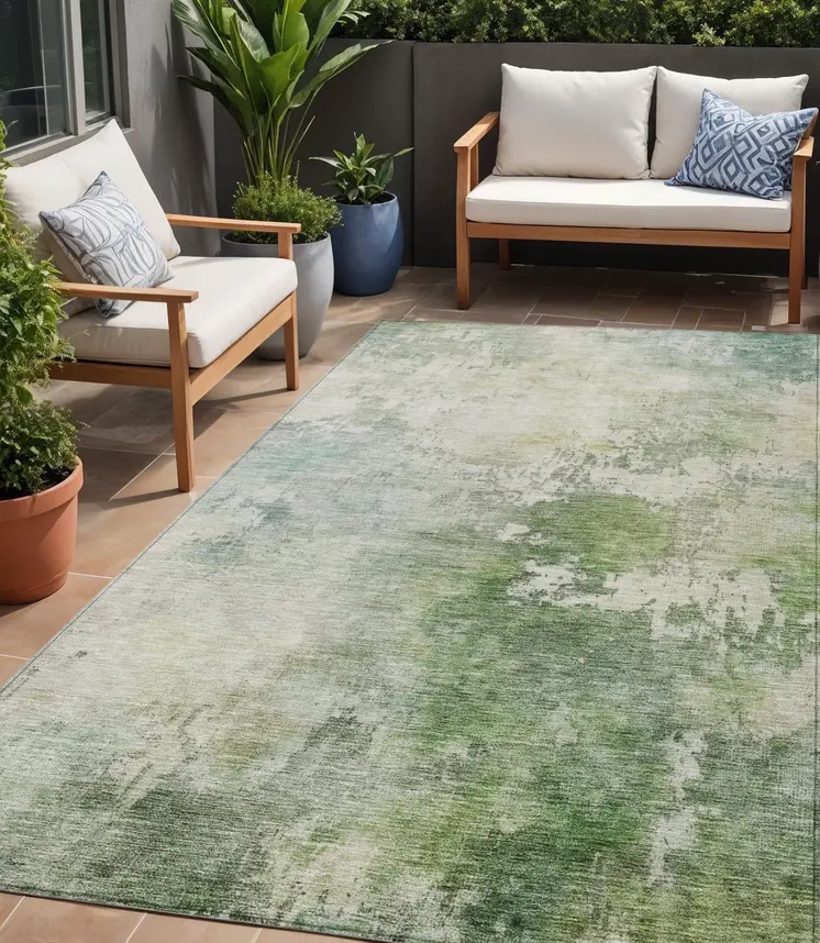5' X 8' Artichoke Green And Ivory Abstract Washable Indoor Outdoor Area Rug