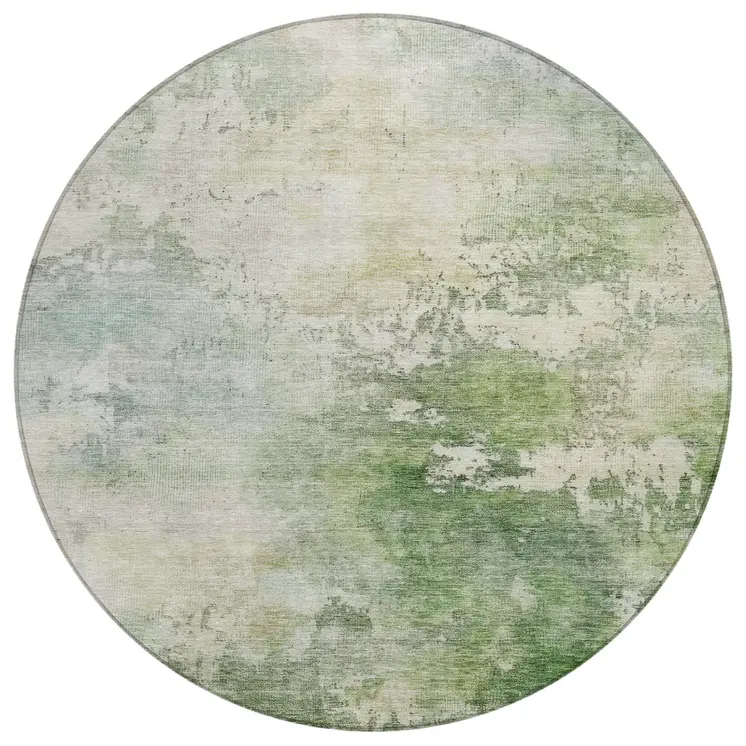 8' Artichoke Green And Ivory Round Abstract Washable Indoor Outdoor Area Rug