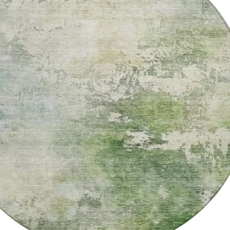 8' Artichoke Green And Ivory Round Abstract Washable Indoor Outdoor Area Rug