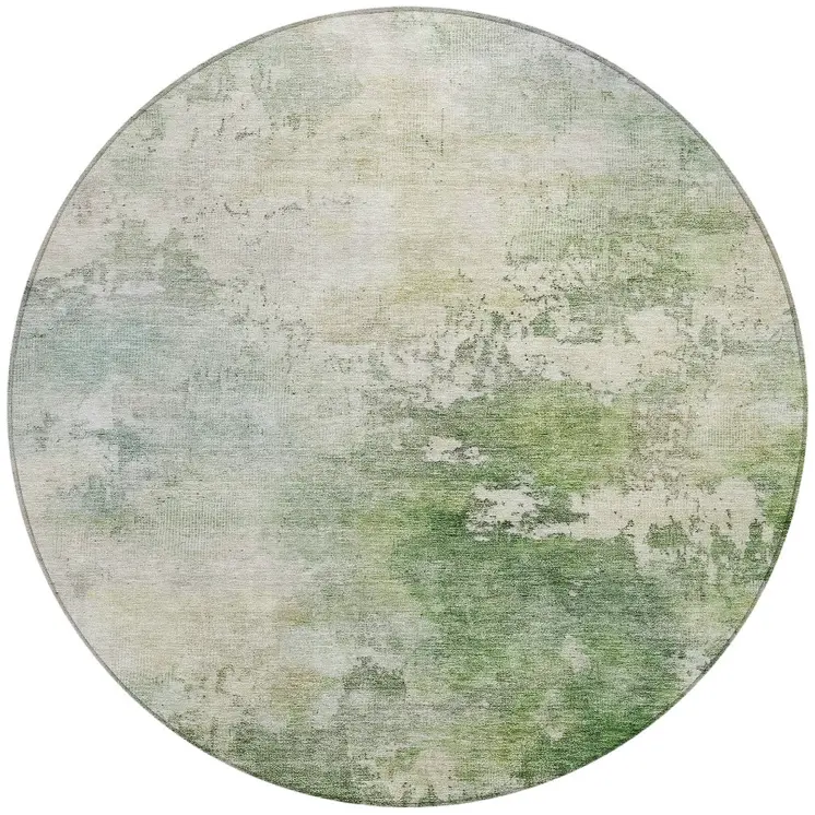 8' Artichoke Green And Ivory Round Abstract Washable Indoor Outdoor Area Rug
