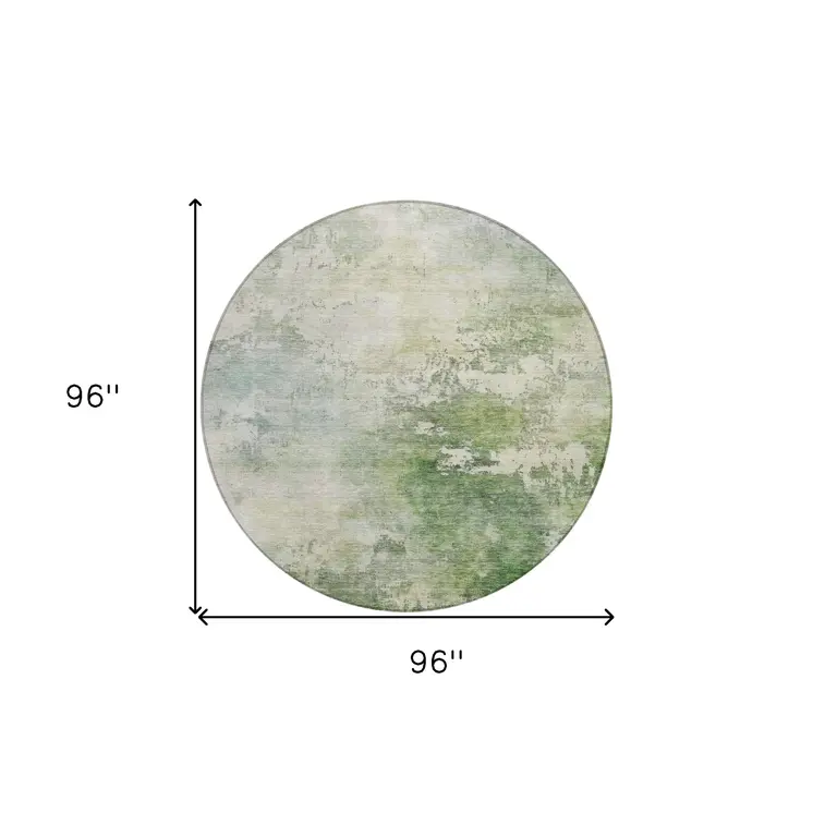 8' Artichoke Green And Ivory Round Abstract Washable Indoor Outdoor Area Rug