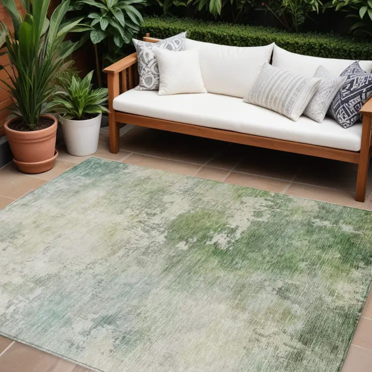 8' X 10' Artichoke Green And Ivory Abstract Washable Indoor Outdoor Area Rug