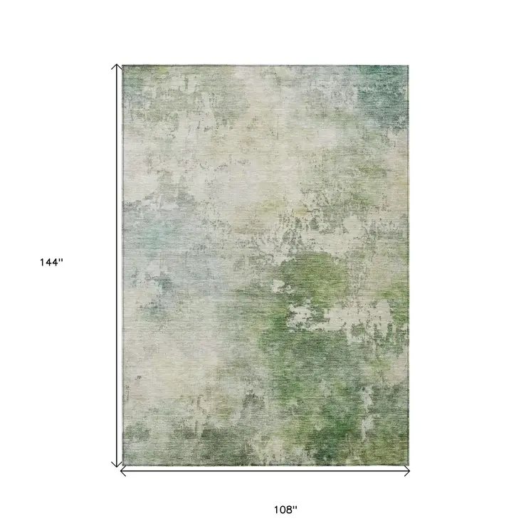 9' X 12' Artichoke Green And Ivory Abstract Washable Indoor Outdoor Area Rug