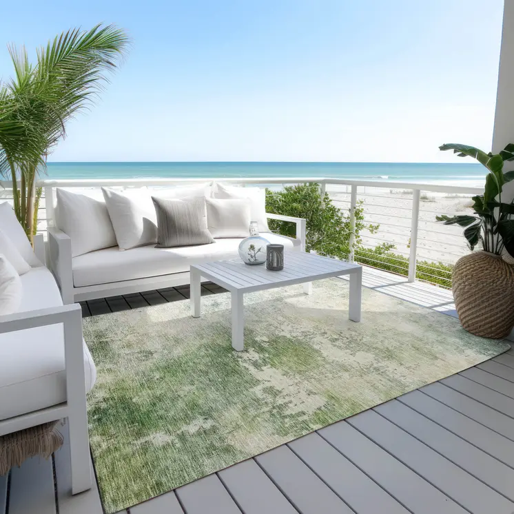 9' X 12' Artichoke Green And Ivory Abstract Washable Indoor Outdoor Area Rug