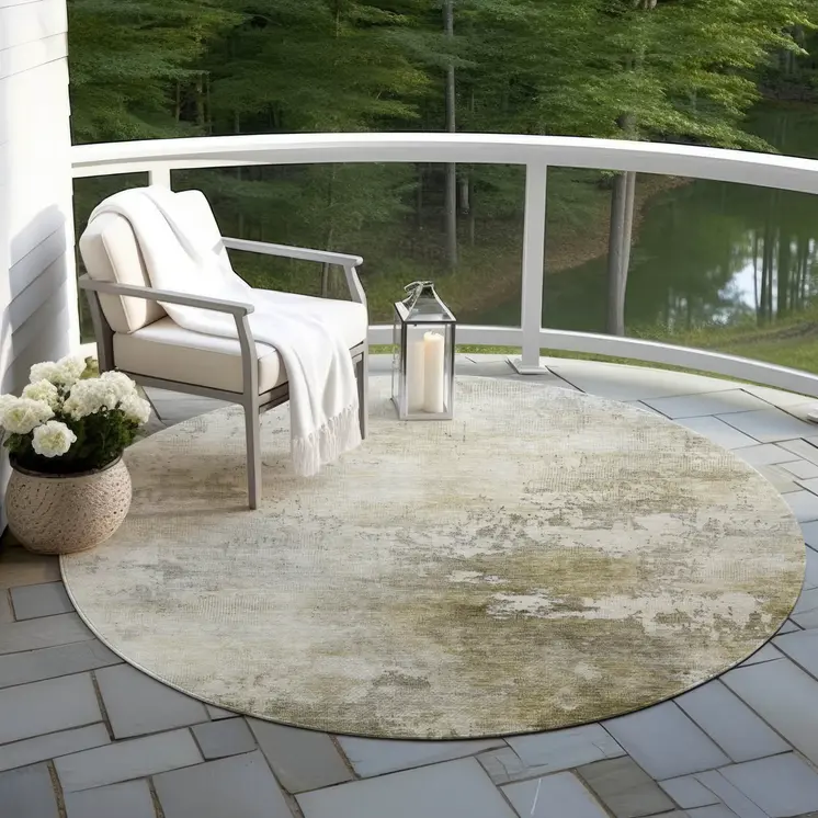8' Wheat And Gray Round Abstract Washable Indoor Outdoor Area Rug