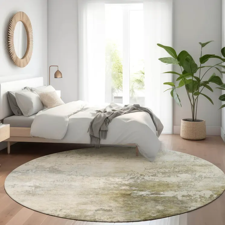 8' Wheat And Gray Round Abstract Washable Indoor Outdoor Area Rug