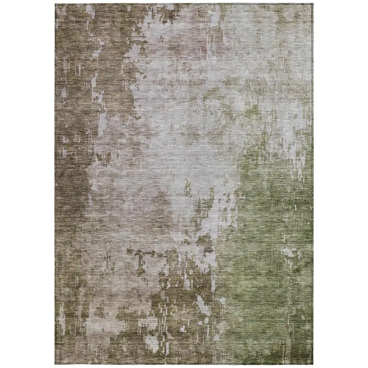 3' X 5' Brown And Green Abstract Washable Indoor Outdoor Area Rug