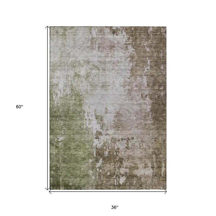 3' X 5' Brown And Green Abstract Washable Indoor Outdoor Area Rug