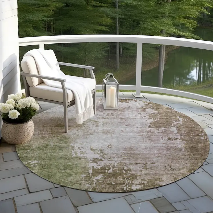 8' Brown And Green Round Abstract Washable Indoor Outdoor Area Rug
