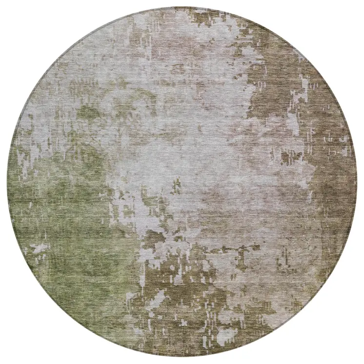 8' Brown And Green Round Abstract Washable Indoor Outdoor Area Rug