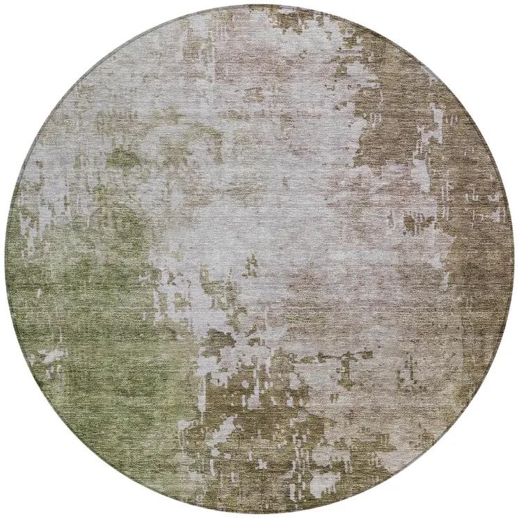 8' Brown And Green Round Abstract Washable Indoor Outdoor Area Rug