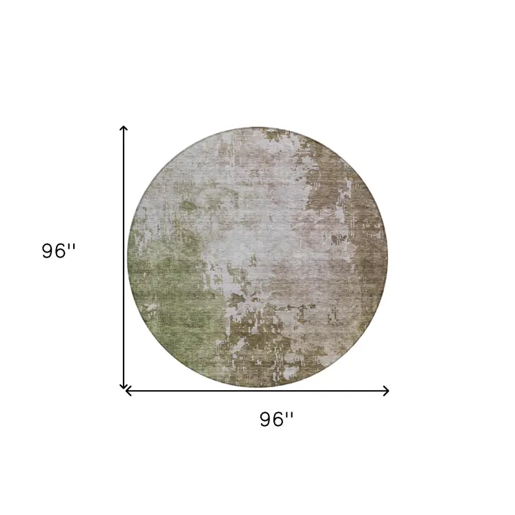 8' Brown And Green Round Abstract Washable Indoor Outdoor Area Rug