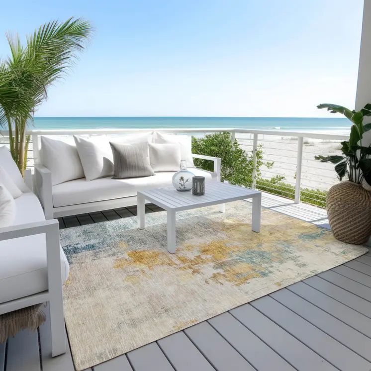 3' X 5' Linen Teal Blue And Copper Abstract Washable Indoor Outdoor Area Rug