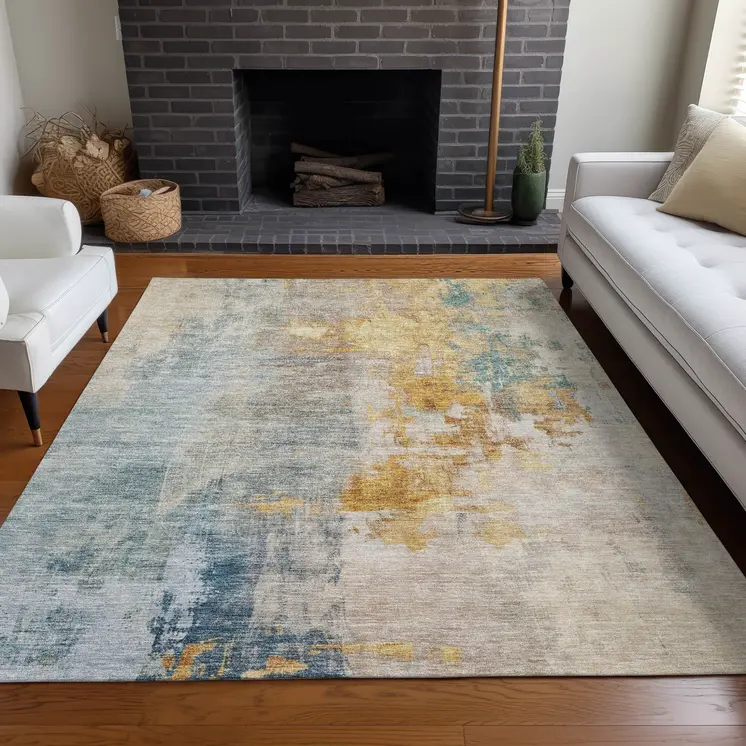 3' X 5' Linen Teal Blue And Copper Abstract Washable Indoor Outdoor Area Rug