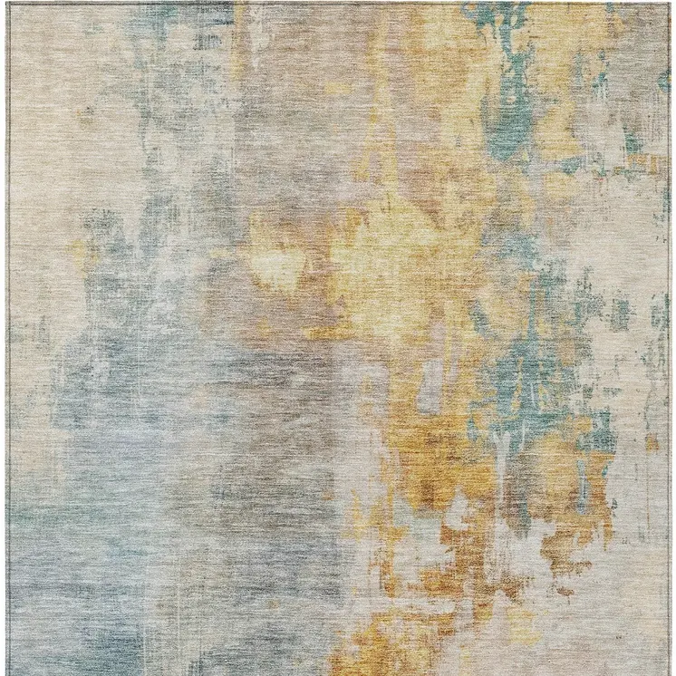 5' X 8' Linen Teal Blue And Copper Abstract Washable Indoor Outdoor Area Rug