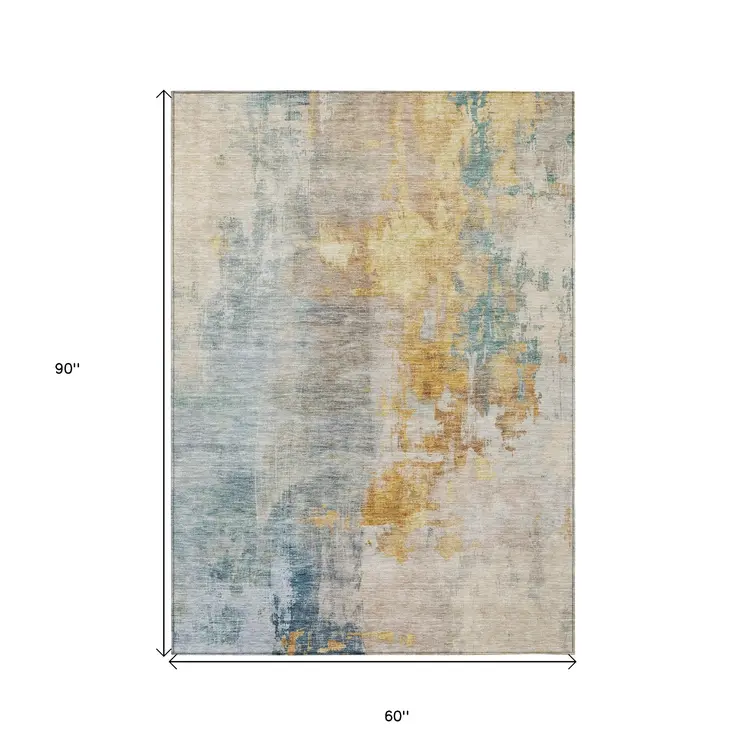 5' X 8' Linen Teal Blue And Copper Abstract Washable Indoor Outdoor Area Rug
