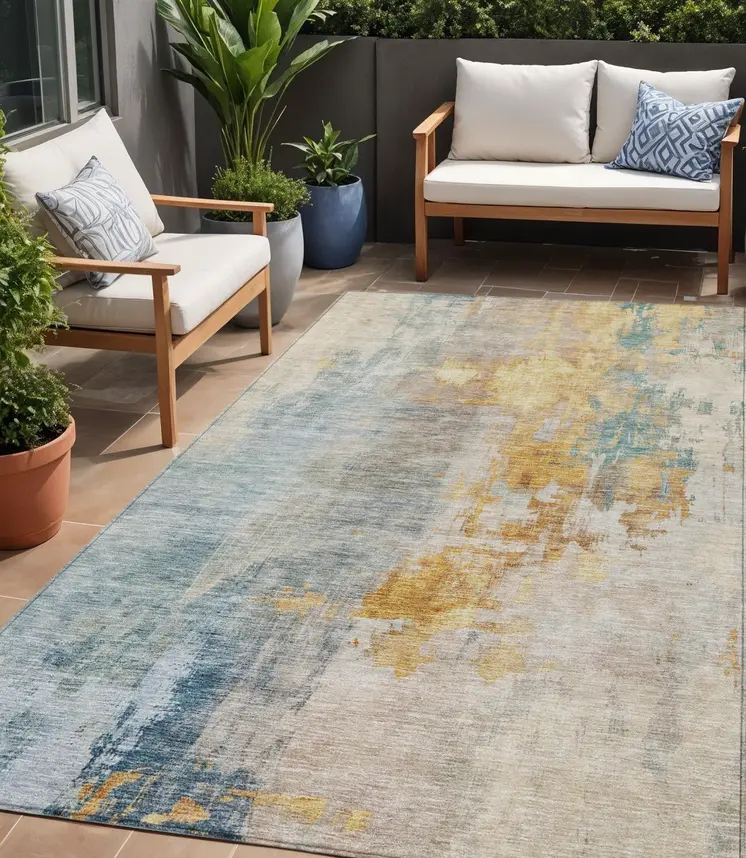 5' X 8' Linen Teal Blue And Copper Abstract Washable Indoor Outdoor Area Rug