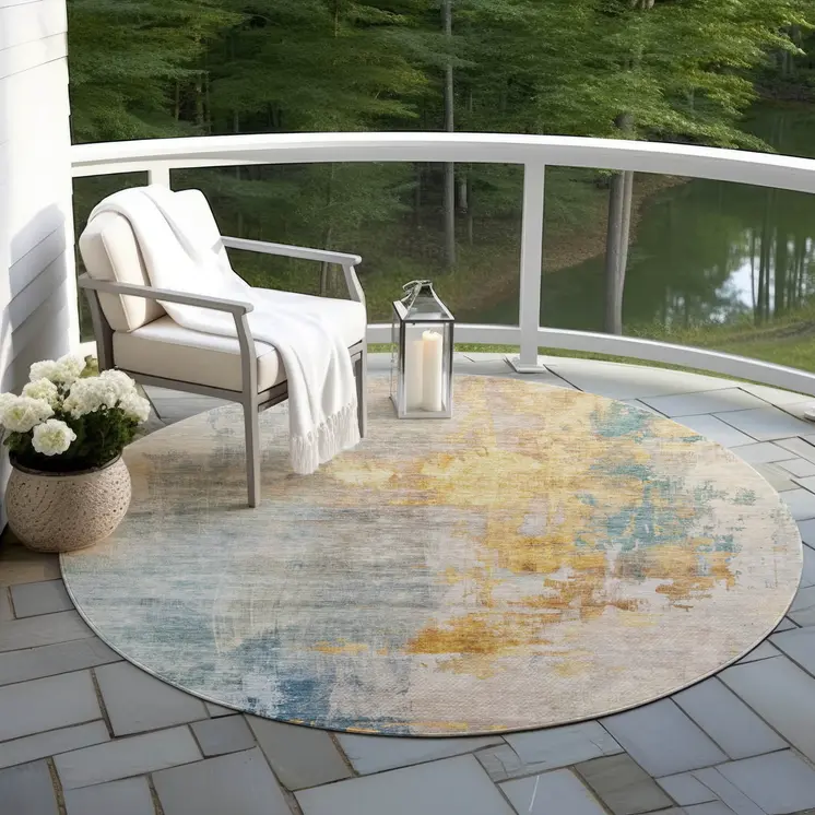 8' Linen Teal Blue And Copper Round Abstract Washable Indoor Outdoor Area Rug