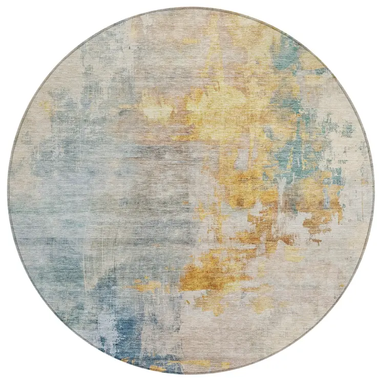 8' Linen Teal Blue And Copper Round Abstract Washable Indoor Outdoor Area Rug