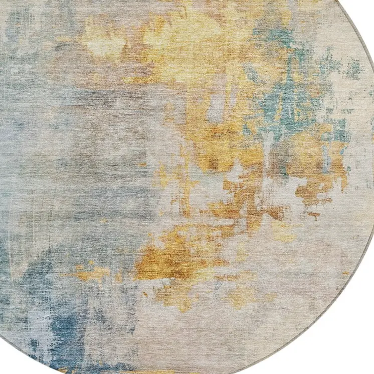 8' Linen Teal Blue And Copper Round Abstract Washable Indoor Outdoor Area Rug