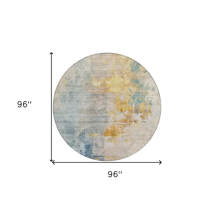 8' Linen Teal Blue And Copper Round Abstract Washable Indoor Outdoor Area Rug
