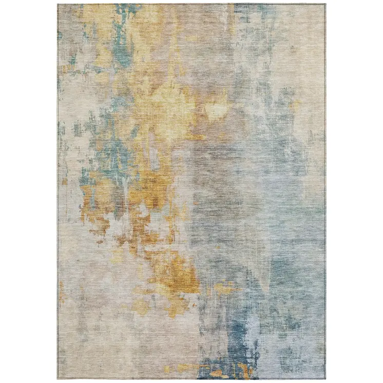 8' X 10' Linen Teal Blue And Copper Abstract Washable Indoor Outdoor Area Rug