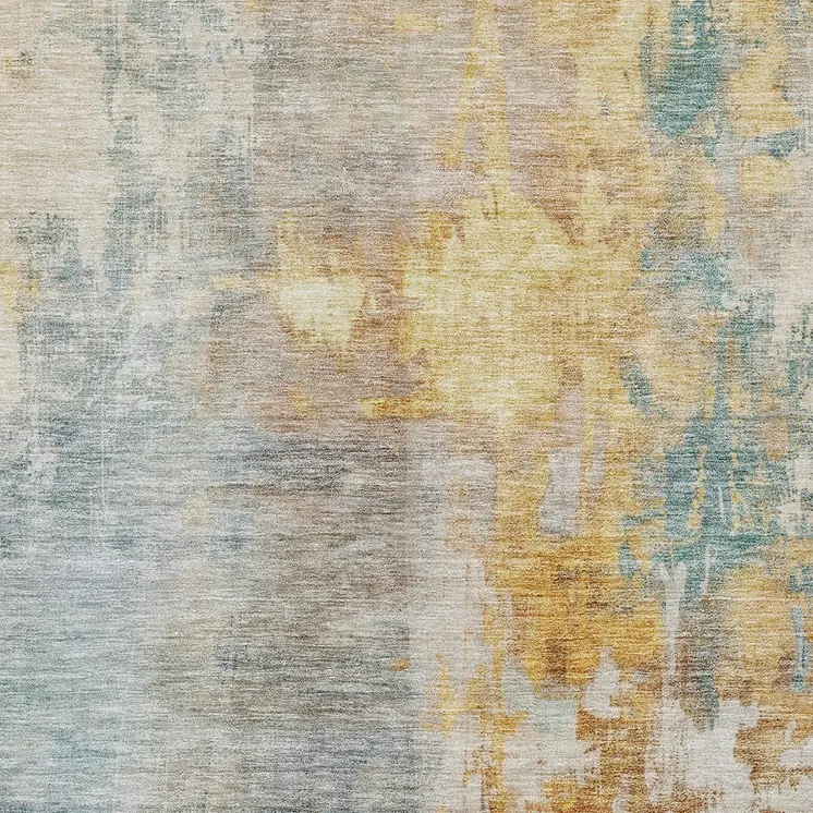 8' X 10' Linen Teal Blue And Copper Abstract Washable Indoor Outdoor Area Rug