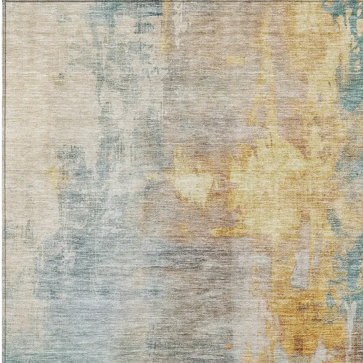 9' X 12' Linen Teal Blue And Copper Abstract Washable Indoor Outdoor Area Rug