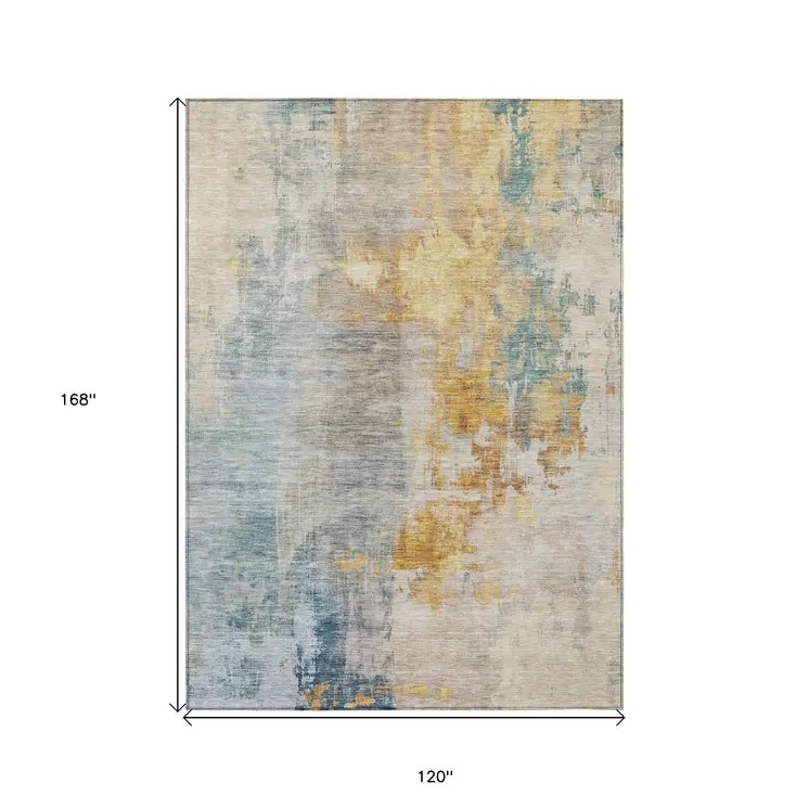 10' X 14' Linen Teal Blue And Copper Abstract Washable Indoor Outdoor Area Rug