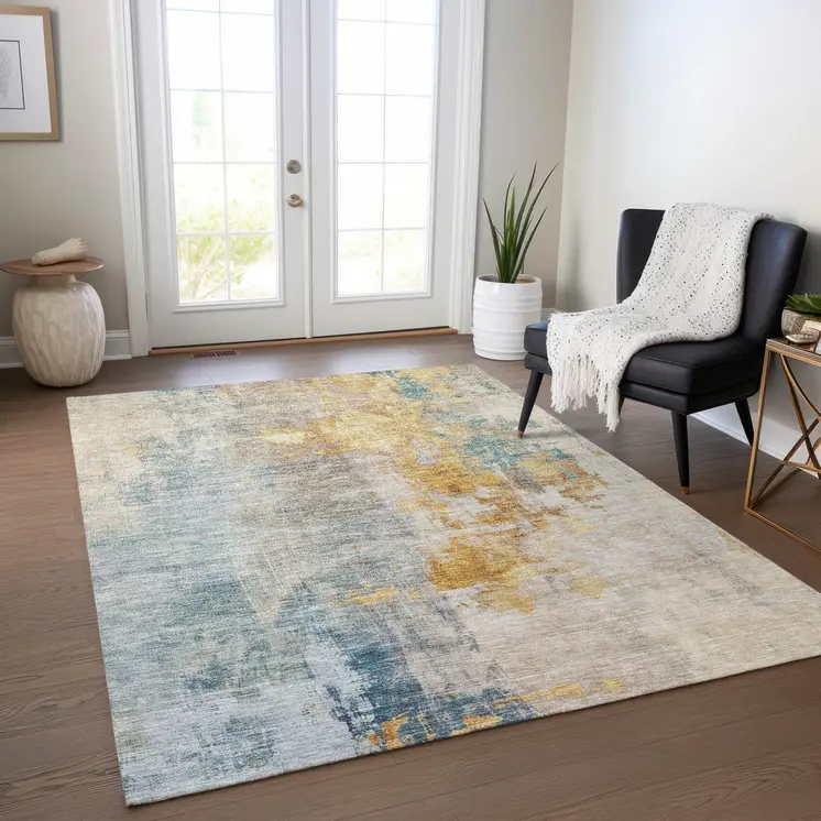 10' X 14' Linen Teal Blue And Copper Abstract Washable Indoor Outdoor Area Rug