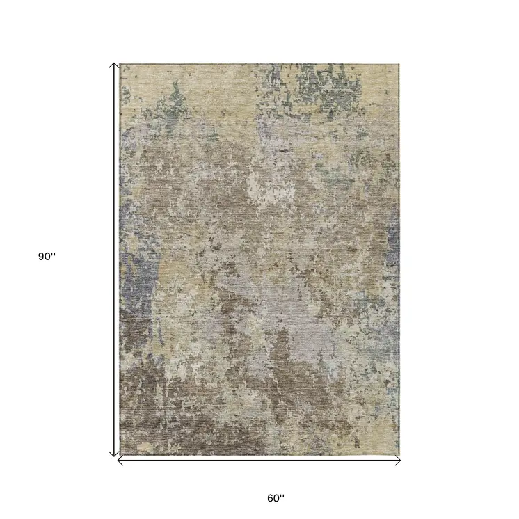 5' X 8' Beige And Brown Abstract Washable Indoor Outdoor Area Rug