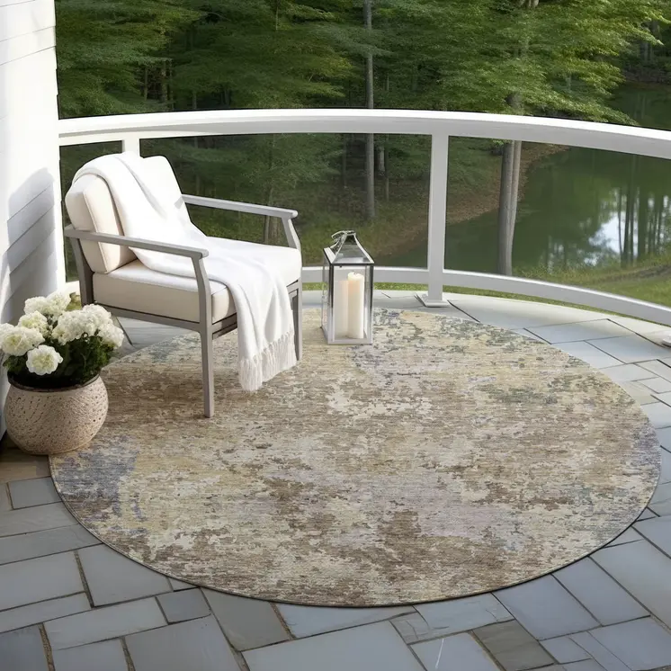 8' Beige And Brown Round Abstract Washable Indoor Outdoor Area Rug