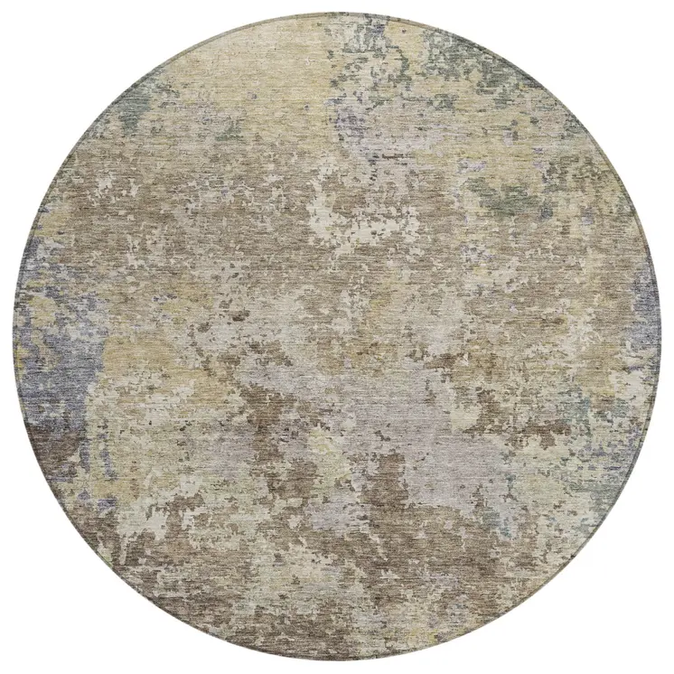 8' Beige And Brown Round Abstract Washable Indoor Outdoor Area Rug