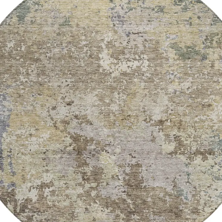 8' Beige And Brown Round Abstract Washable Indoor Outdoor Area Rug