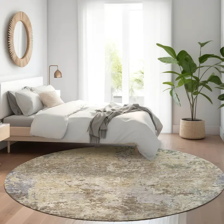 8' Beige And Brown Round Abstract Washable Indoor Outdoor Area Rug