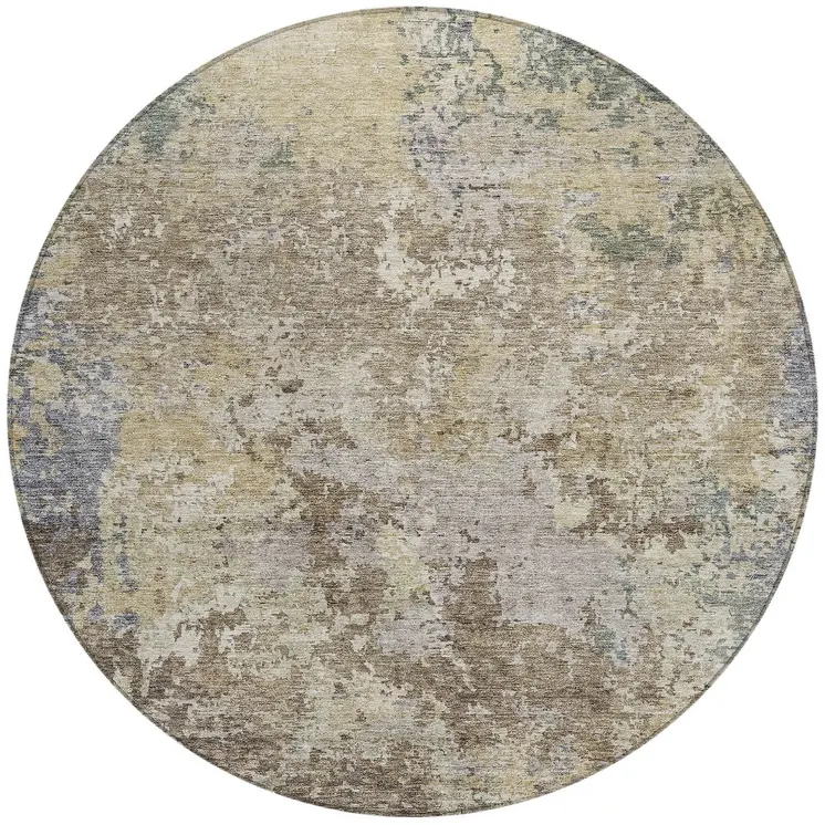 8' Beige And Brown Round Abstract Washable Indoor Outdoor Area Rug
