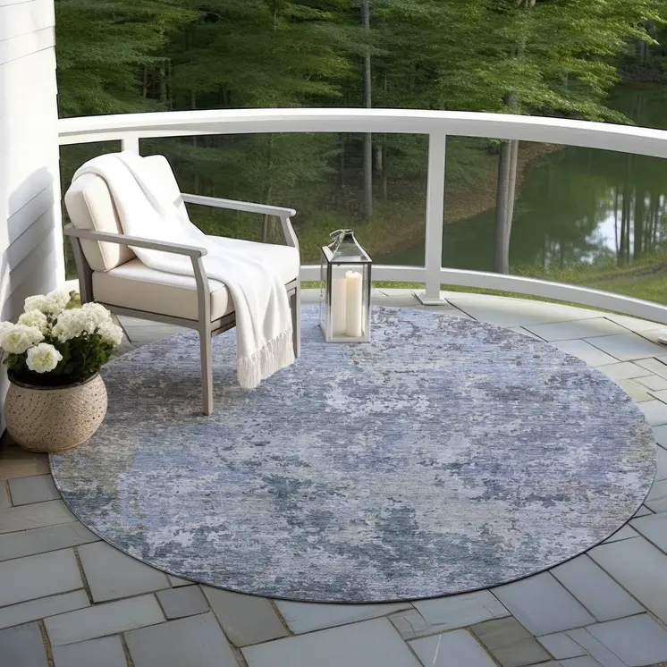 8' Blue And Dark Gray Round Abstract Washable Indoor Outdoor Area Rug