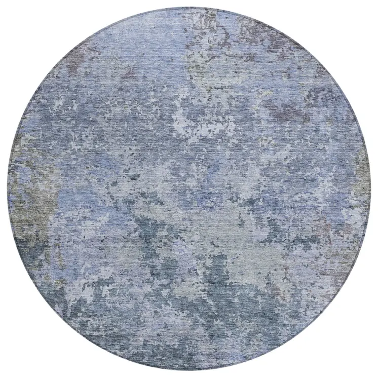 8' Blue And Dark Gray Round Abstract Washable Indoor Outdoor Area Rug