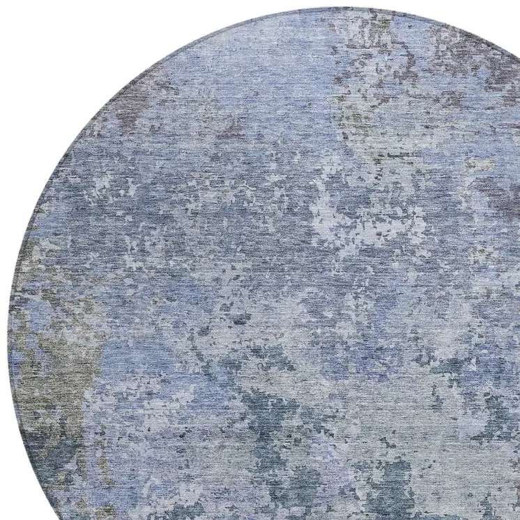 8' Blue And Dark Gray Round Abstract Washable Indoor Outdoor Area Rug