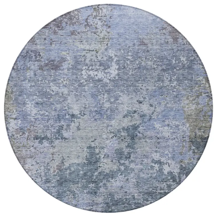 8' Blue And Dark Gray Round Abstract Washable Indoor Outdoor Area Rug