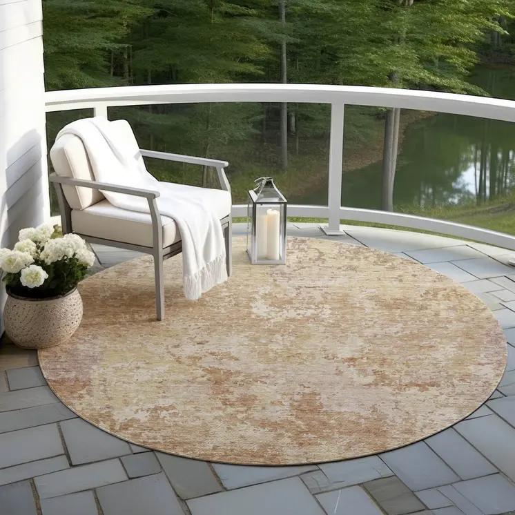 8' Copper And Beige Round Abstract Washable Indoor Outdoor Area Rug