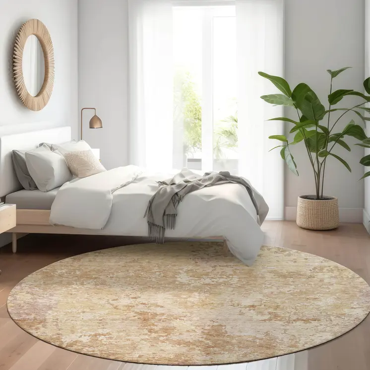 8' Copper And Beige Round Abstract Washable Indoor Outdoor Area Rug