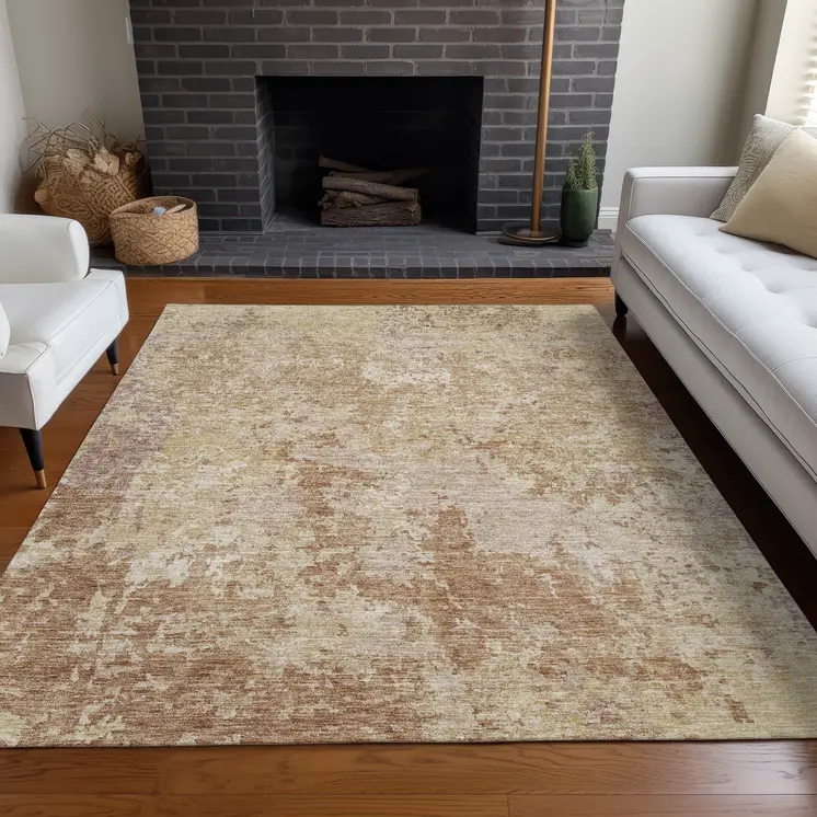 9' X 12' Copper And Beige Abstract Washable Indoor Outdoor Area Rug