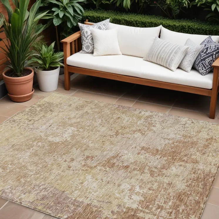 10' X 14' Copper And Beige Abstract Washable Indoor Outdoor Area Rug