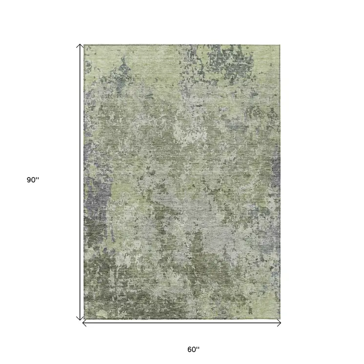 5' X 8' Green And Gray Abstract Washable Indoor Outdoor Area Rug