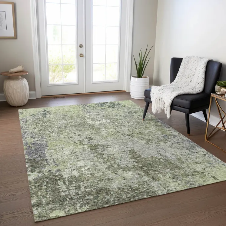 5' X 8' Green And Gray Abstract Washable Indoor Outdoor Area Rug