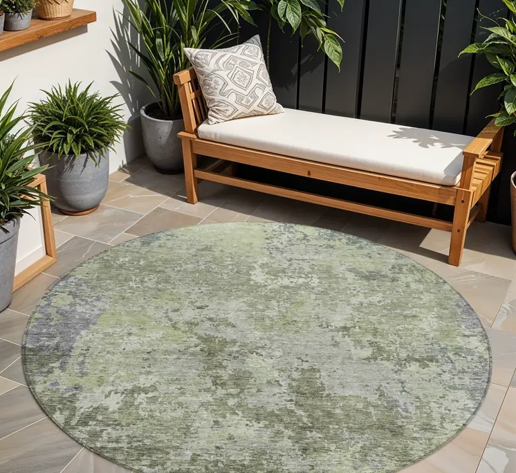 8' Green And Gray Round Abstract Washable Indoor Outdoor Area Rug