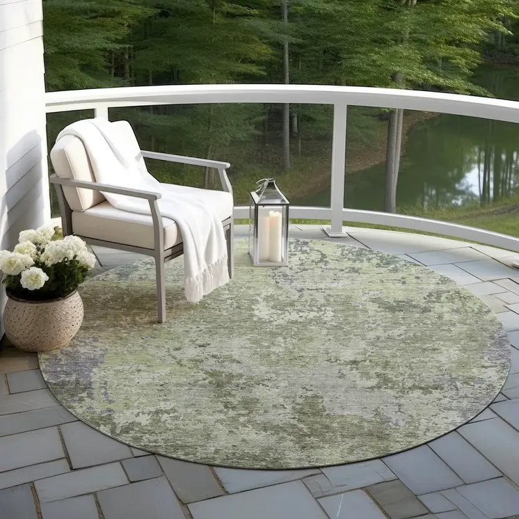 8' Green And Gray Round Abstract Washable Indoor Outdoor Area Rug