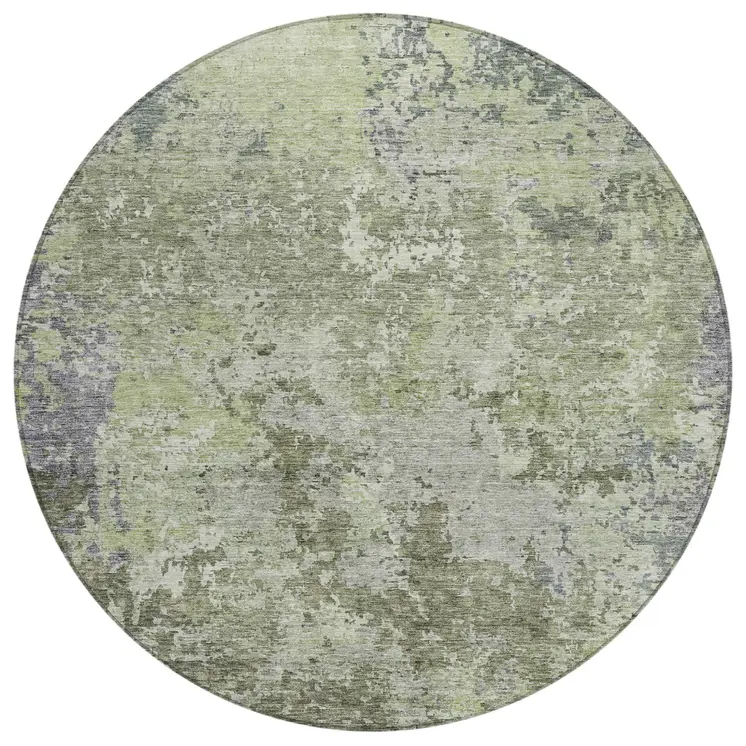 8' Green And Gray Round Abstract Washable Indoor Outdoor Area Rug