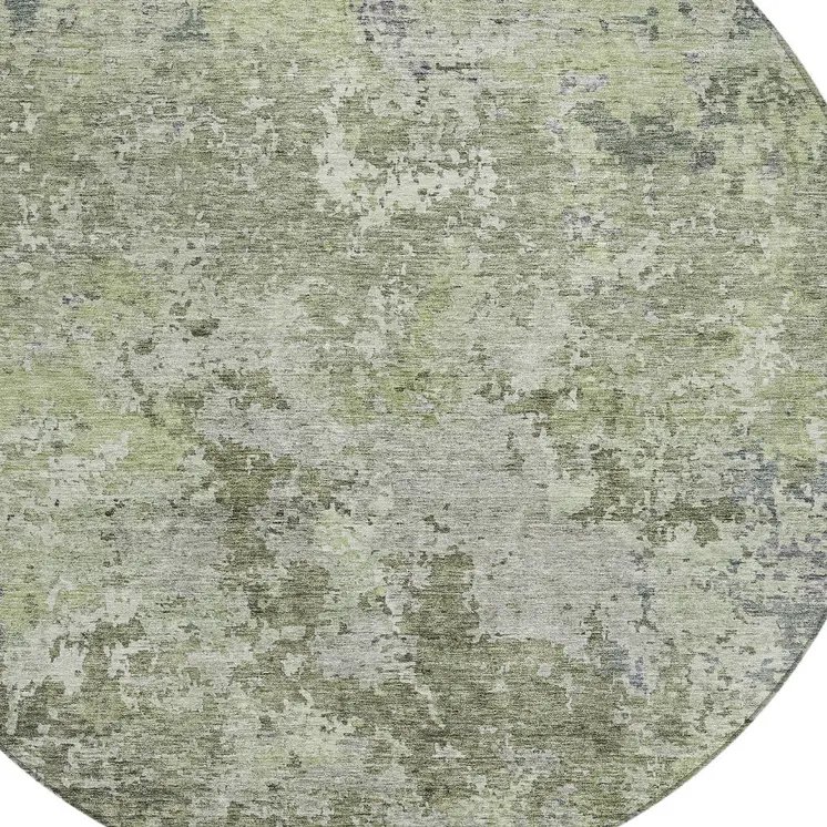 8' Green And Gray Round Abstract Washable Indoor Outdoor Area Rug